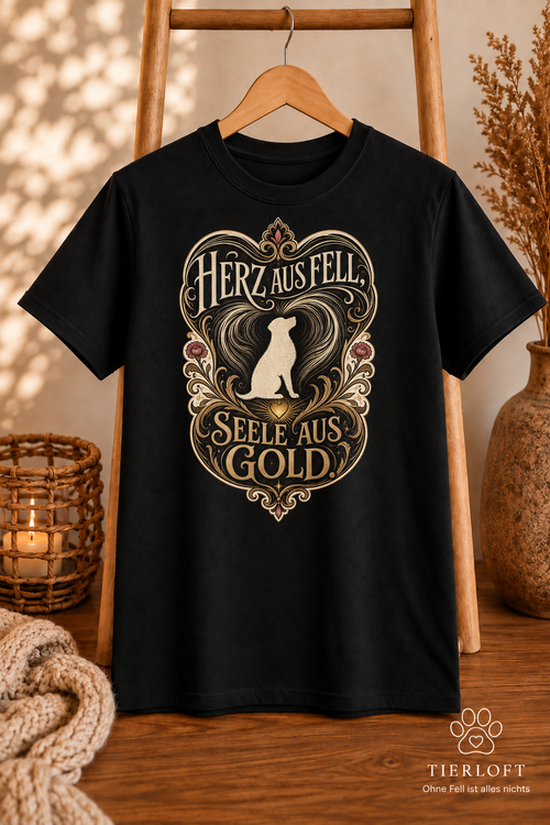 Schwarzes TierLoft T-Shirt mit dem Spruch Herz aus Fell, Seele aus Gold, goldfarbenen Ornamenten und einer Hundesilhouette