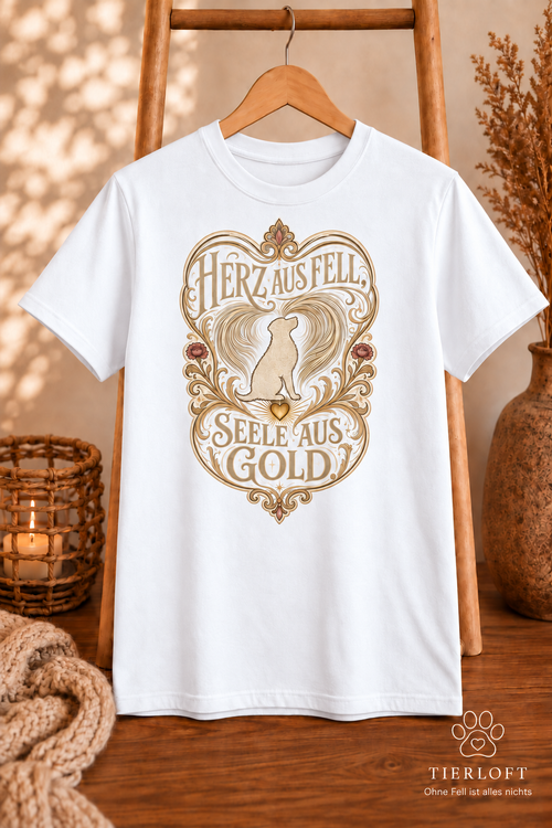 Weißes TierLoft T-Shirt mit Herz aus Fell, Seele aus Gold, Hundesilhouette und gold-cremefarbenen Ornamenten.